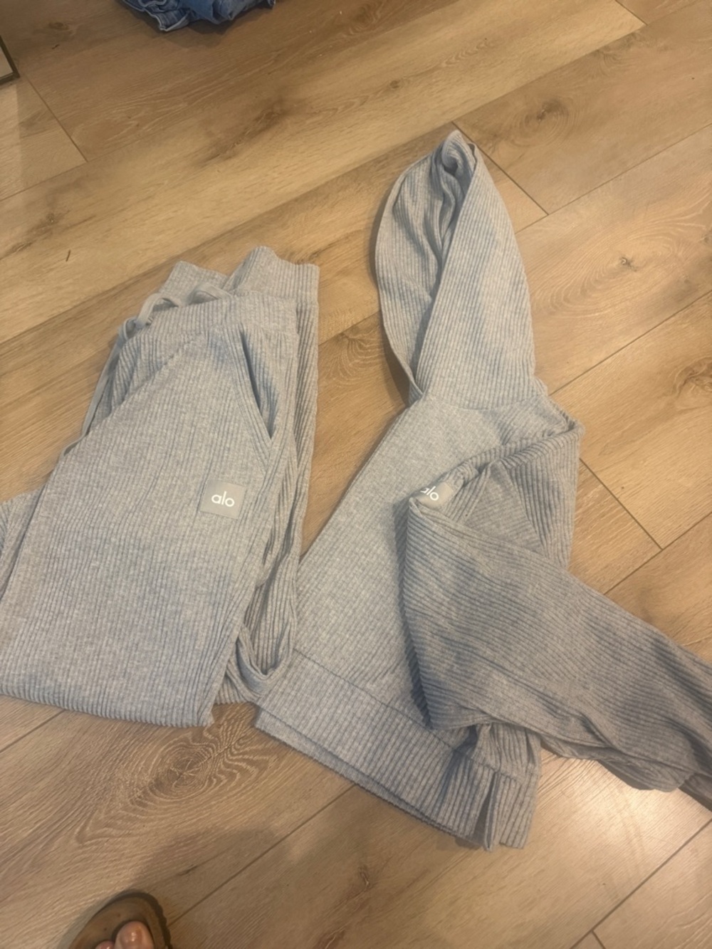Vuori Ribbed Lounge Pants & Hoodie Set in Light Heather Gray